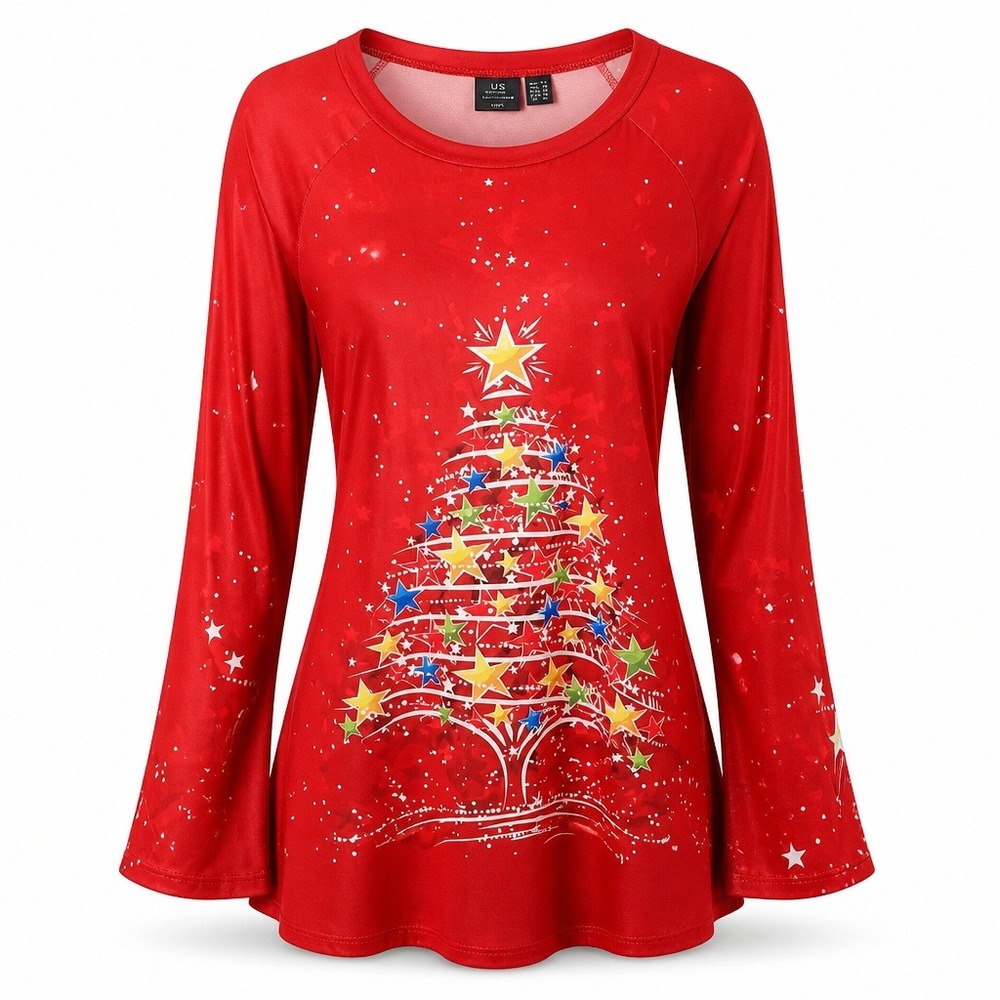Womens Red Christmas Tree Graphic Tunic Top Long Sleeve Holiday Shirt 2XL